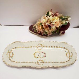 Vintage KPM Germany Ceramic Floral Wreath Gold Edge Celery Dish